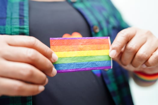 Asian woman with rainbow flag, LGBT symbol rights and gender equality, LGBT Pride Month in June. photo