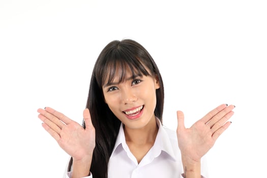 Facial Expression Young Asian woman office attire white background hello wave photo
