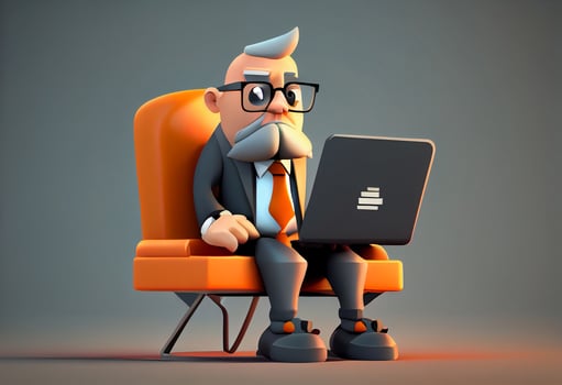 Cartoon character businessman sitting in a chair with laptop. 3d illustration. Generate Ai. photo
