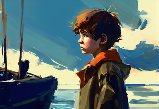 boy looking and waiting the boat in the sea against sky. Generate Ai. photo