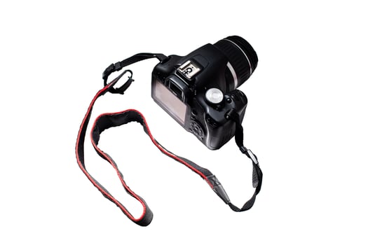 One black camera isolated on white background photo