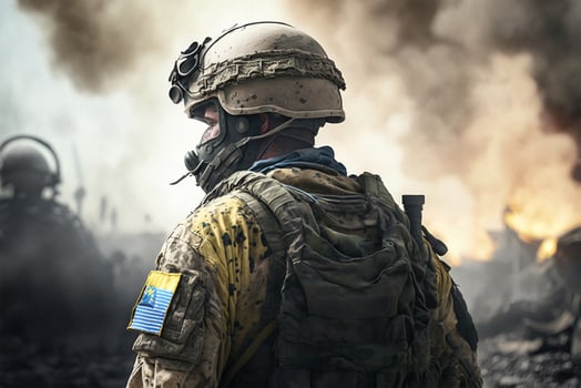 ukraine soldier in uniform from behind in warzone photo