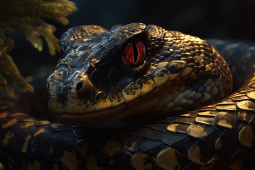 Ancient reptile with red eyes. Dangerous poisonous exotic snake. photo