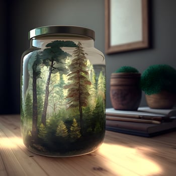 Plants and trees in glass container. Woods miniature. photo
