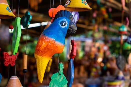 Beautiful handmade wind chimes made of clay at the small town of Raquira also known as The City of Pots in Colombia photo