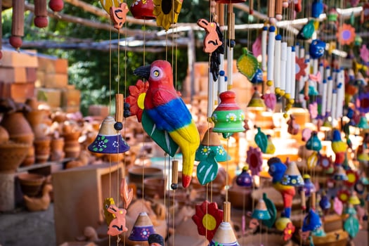Beautiful handmade wind chimes made of clay at the small town of Raquira also known as The City of Pots in Colombia photo