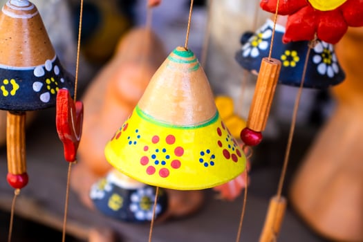 Beautiful handmade wind chimes made of clay at the small town of Raquira also known as The City of Pots in Colombia photo