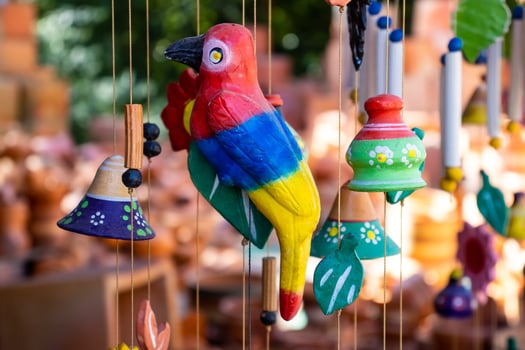 Beautiful handmade wind chimes made of clay at the small town of Raquira also known as The City of Pots in Colombia photo