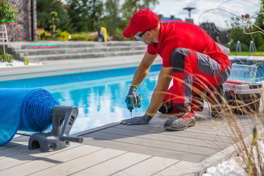 Residential Backyard Swimming Pool Deck Building photo
