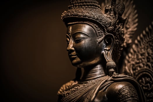 A thai buddha statue sits and meditating at buddhist temple. Ancient thailand buddha face. Background for vesak festival celebration. Vesak day concept. Vesak celebration day greetings by photo