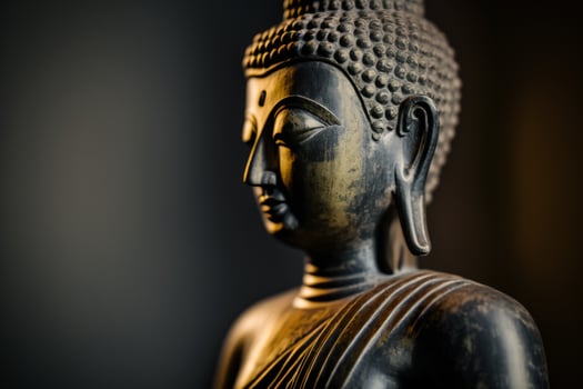 A thai buddha statue sits and meditating at buddhist temple. Ancient thailand buddha face. Background for vesak festival celebration. Vesak day concept. Vesak celebration day greetings by photo