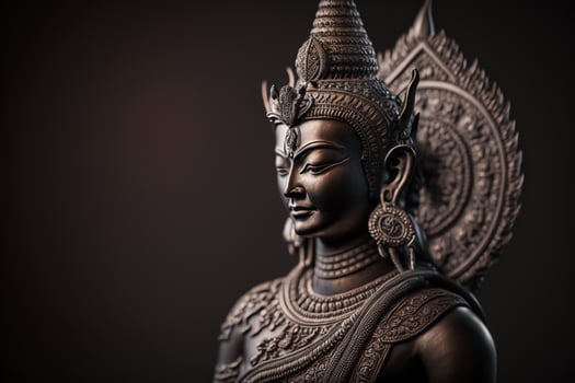 A thai buddha statue sits and meditating at buddhist temple. Ancient thailand buddha face. Background for vesak festival celebration. Vesak day concept. Vesak celebration day greetings by photo
