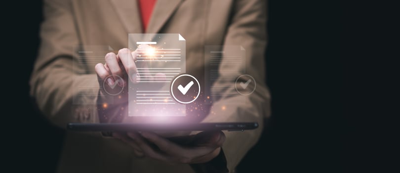 Businessman checking steps through document with a list of checkboxes ,regulation ,Concepts of practices and policies ,procedure company articles of association Terms and Conditions ,governance photo