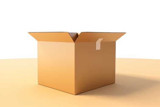 Cardboard box with opened cover isolated on white and beige background. photo