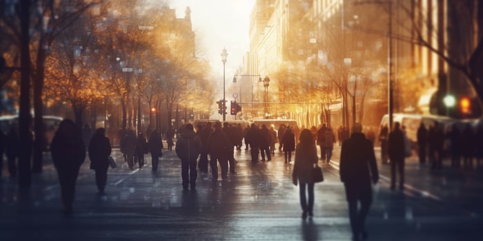 The crowd of people are walking in the street with . photo