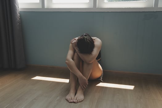 panic attacks alone young girl sad fear stressful depressed emotional.crying use hand cover face begging help.stop abusing domestic violence in women,person with health anxiety,people bad feeling down photo