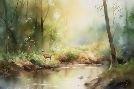 Gentle Encounter A Watercolor Painting of a Deer by a River in a Forest photo