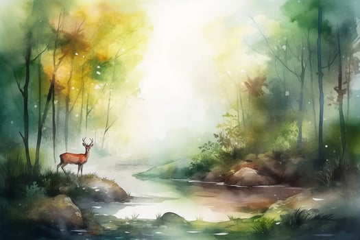 Gentle Encounter A Watercolor Painting of a Deer by a River in a Forest photo