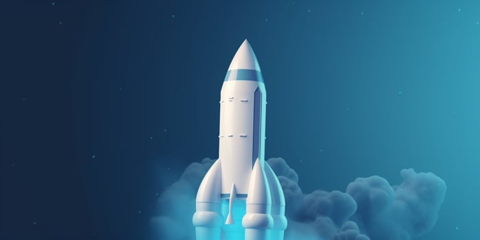 Symbolic 3D Rendering of White Rocket Model against Blue Background for Startup Concepts photo