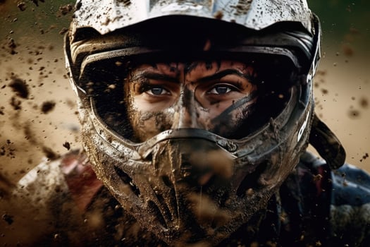 Portrait dirt biker wearing helmet with mud ai generate photo