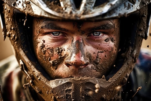 Portrait dirt biker wearing helmet with mud ai generate photo