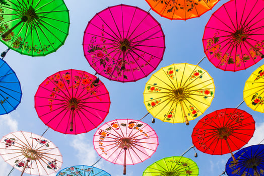 View of the geulis umbrellas, colorful traditional umbrellas on the streets of the city of Tasikmalaya, West Java, Indonesia photo