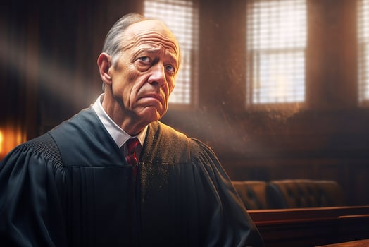 An elderly judge handing down a trumped-up verdict in the courtroom. photo