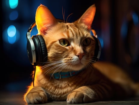 Cat in big headphones enjoys music. Created with technology photo