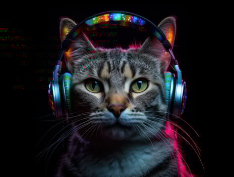 Cat in big headphones enjoys music. Created with technology photo
