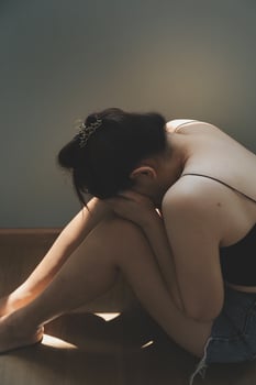 panic attacks alone young girl sad fear stressful depressed emotional.crying use hand cover face begging help.stop abusing domestic violence in women,person with health anxiety,people bad feeling down photo