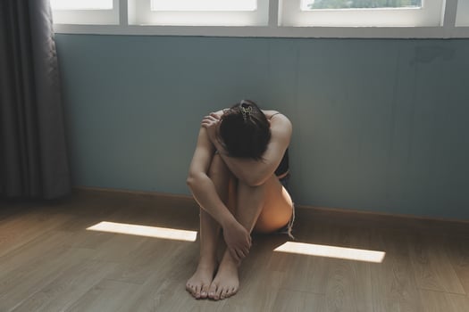 panic attacks alone young girl sad fear stressful depressed emotional.crying use hand cover face begging help.stop abusing domestic violence in women,person with health anxiety,people bad feeling down photo