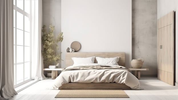 Mockup frame in bedroom interior background, farmhouse style. photo