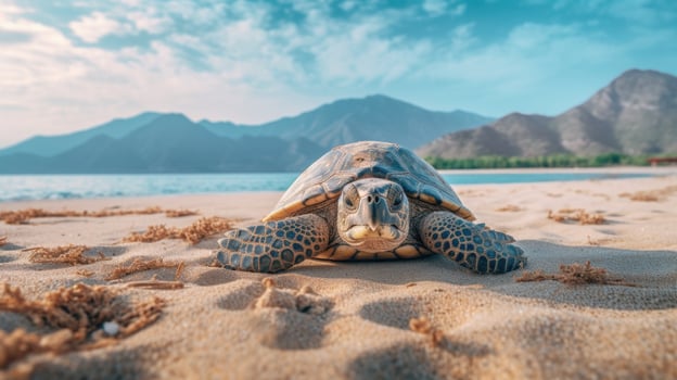 Sea turtle crawling on the sandy beach. Illustration photo
