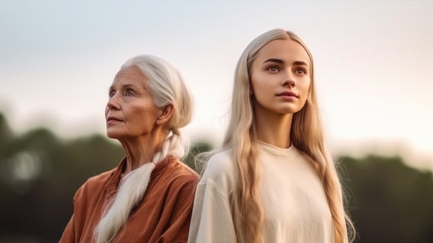 Elderly and young women standing back-to-back. Illustration photo