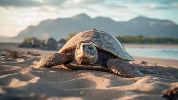 Sea turtle crawling on the sandy beach. Illustration photo