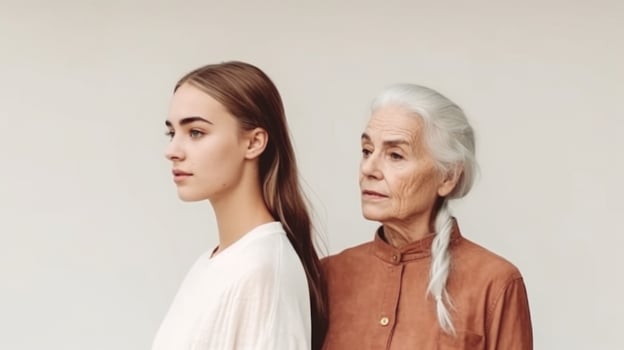 Elderly and young women standing back-to-back. Illustration photo
