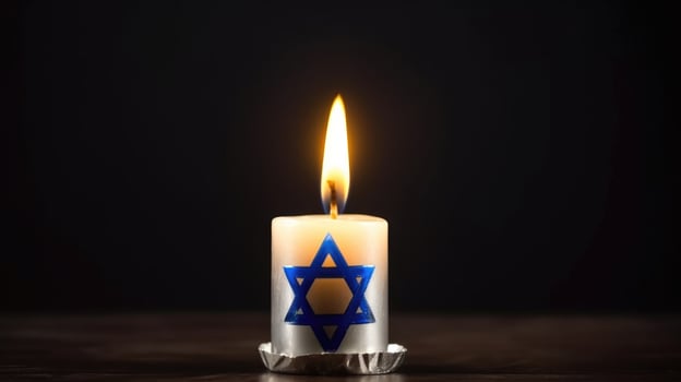 Burning candle and flag of Israel. Holocaust memory day. Illustration photo