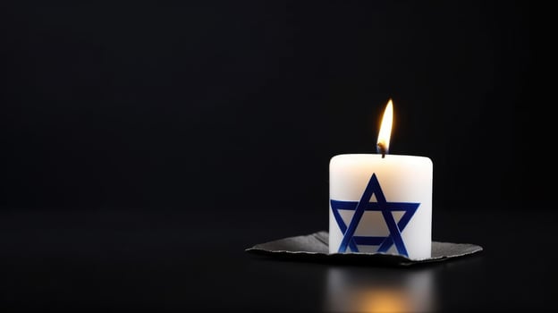 Burning candle and flag of Israel. Holocaust memory day. Illustration photo