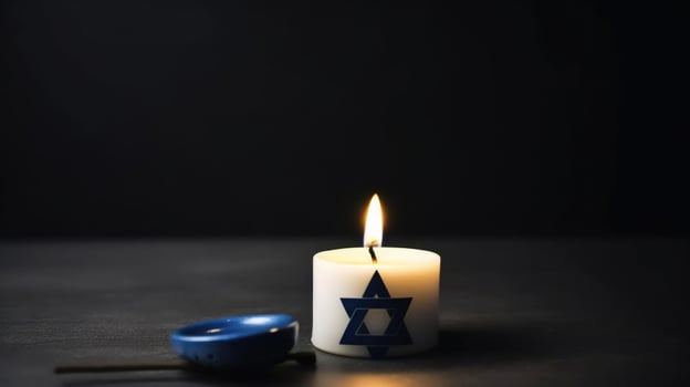 Burning candle and flag of Israel. Holocaust memory day. Illustration photo