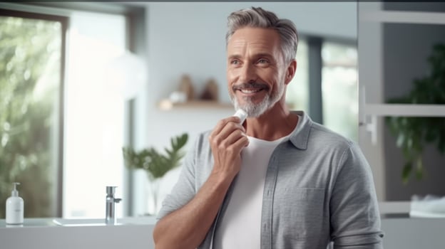 Handsome Man Applying Face Cream in the Bathroom Illustration photo