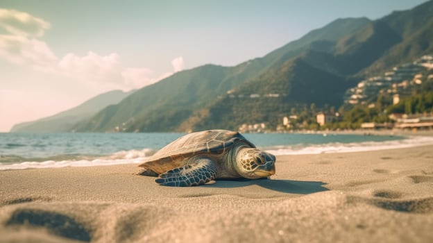 Sea turtle crawling on the sandy beach. Illustration photo