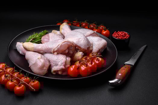 Raw chicken legs with salt, spices and herbs photo