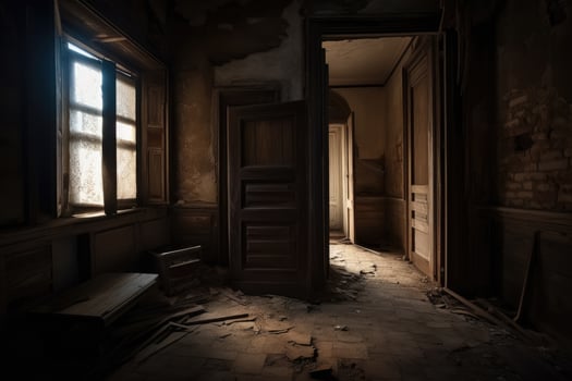 An abandoned House viewed from a room inside created with technology. photo
