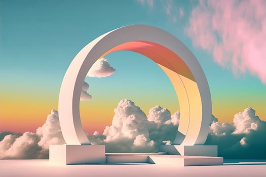 Arched portal podium on fantasy surreal landscape. Pastel gradient cloud sky. illustration photo