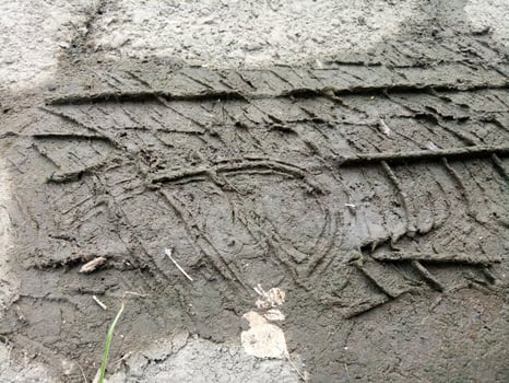 Photo of a vehicle tire track on a muddy road