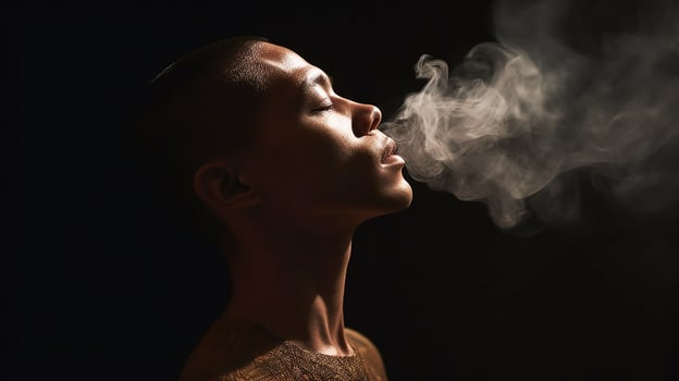 Dark-skinned man inhaling air, smoke, portrait in profile. black studio background. photo