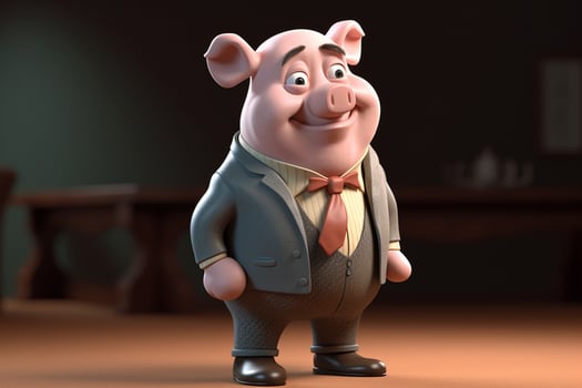 Funny cute little farm pig 3D cartoon character. photo
