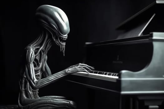Ugly and scary looking extraterrestrial alien playing a piano. photo