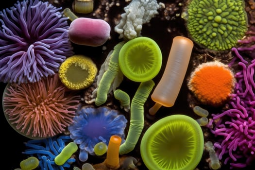 Colorful variety of microorganism inside petri dish plate in laboratory with super macro zoom background, including of bacteria, protozoa, algae, and fungi, with . photo