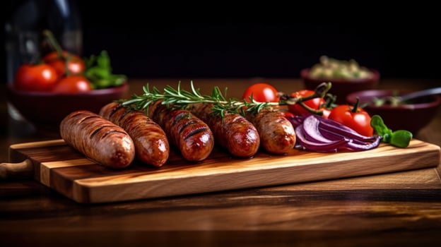 Grilled sausages on a wooden board Illustration photo